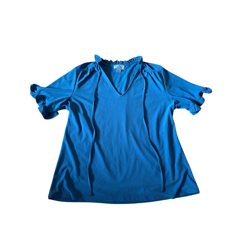 CeCe Ruffle Neck Tie Front Blouse Teal Blue Short Sleeve Women's M